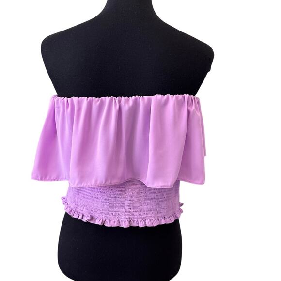 New 1.STATE REVOLVE Purple Smocked Off The Shoulder Cropped Top Size XL - Picture 2 of 4